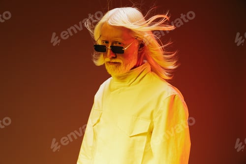 Preview: elderly man with long white hair and sunglasses, stylish fashion portrait, studio shot against a