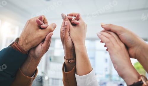 Preview: Closeup, business people and holding hands with support, partnership and collaboration with team bu