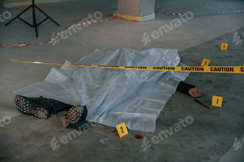 Preview: Dead body of a man is on the ground, covered in white cloth. Conception of murder, homicide