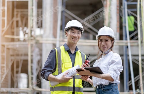 Preview: Portrait of a team of successful contractors/investors/architectural engineers wearing helmets and