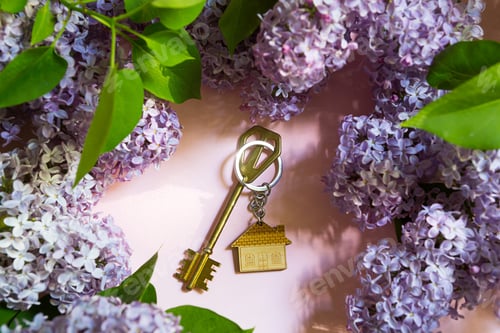 Preview: House key with keychain on pink spring background and lilac branches.