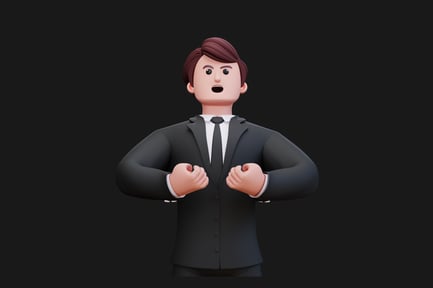 Preview: Man in formal suit with crossed arms, surprised expression