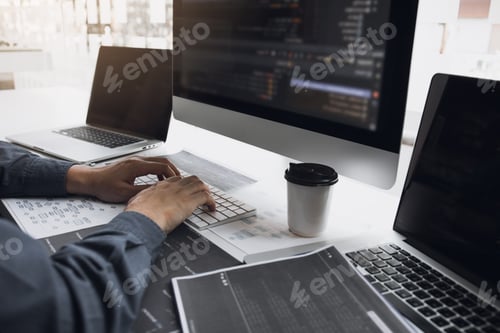Preview: man working code program developer computer web development working desig