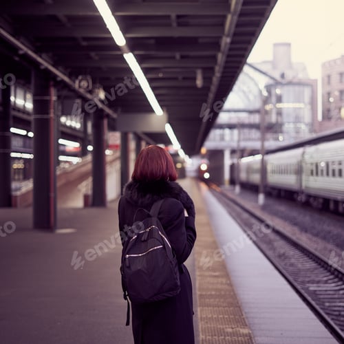 Preview: Railway station. Beautiful girl is standing on platform and waiting for train. Woman travels light