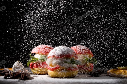 Preview: Shu cake. Custard dessert with creamy white cream, decorated with raspberries