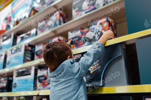 Preview: Little boy at the shelf in kids store, side view