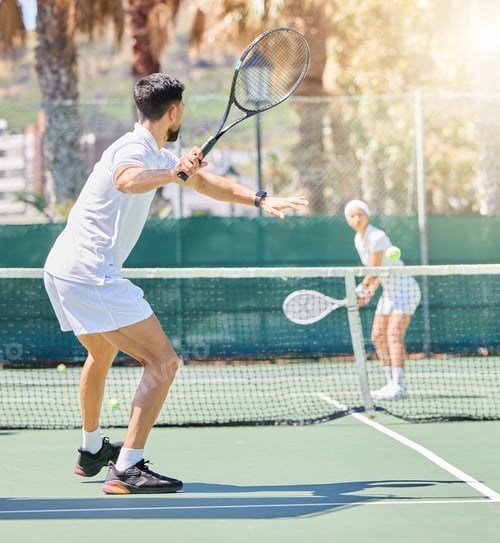 Preview: Tennis, man and woman training for fitness as a couple outdoors in a game or practice match in summ