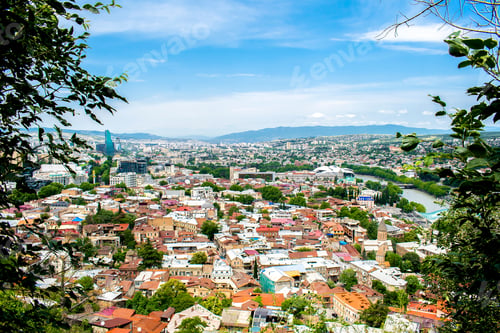 Preview: Scenic aerial beautiful view panorama of old historic city Tbilisi center, architecture buildings