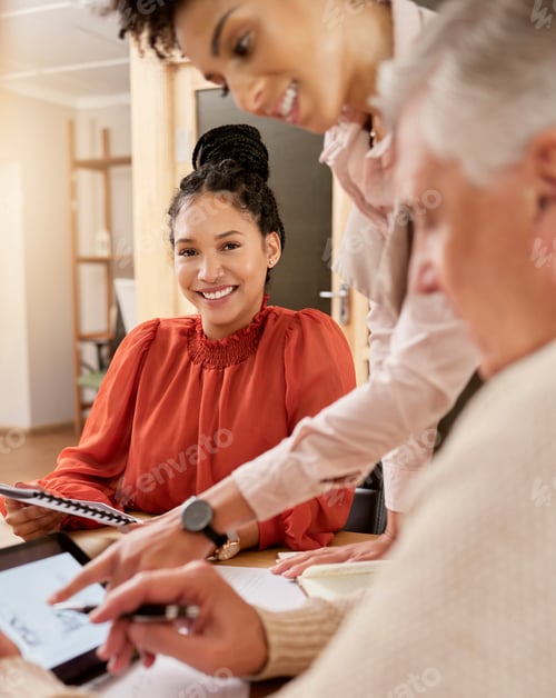Preview: Corporate business, meeting and planning portrait of a woman with documents and tablet in office. F