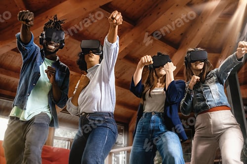 Preview: Young people portrait wearing VR headset and playing sport games