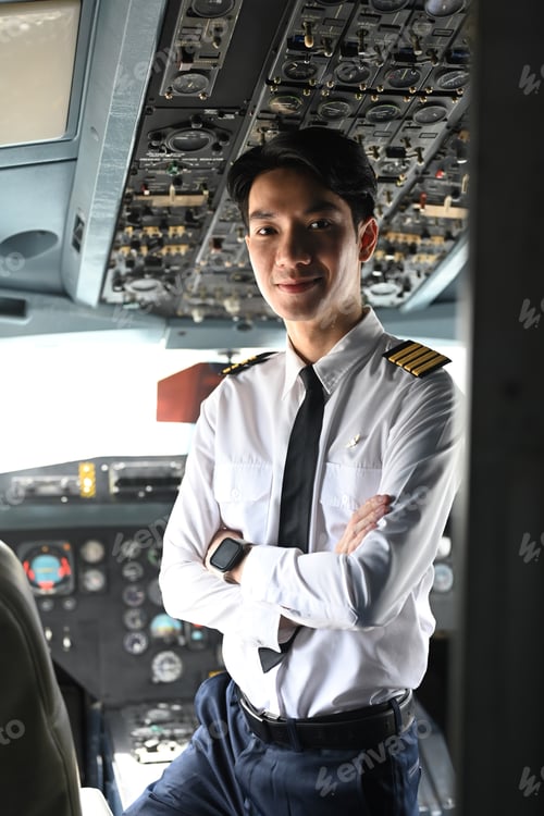 Preview: Portrait of confident pilot is smiling and posing in the cockpit of an airplane