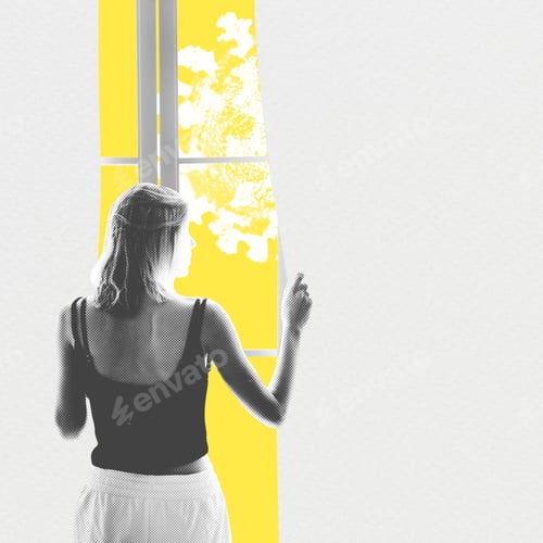 Preview: Young woman looking out of the window during coronavirus quarantine