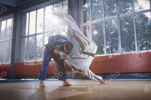 Preview: Two judo fighters showing technical skill while practicing martial arts in a fight club