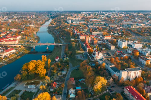 Preview: Grodno, Belarus. Aerial Bird's-eye View Of Hrodna Cityscape Skyline. Famous Popular Historic
