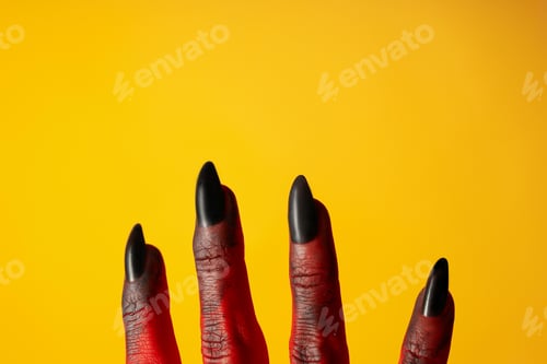 Preview: Red female hand with black nails on yellow background, space for text