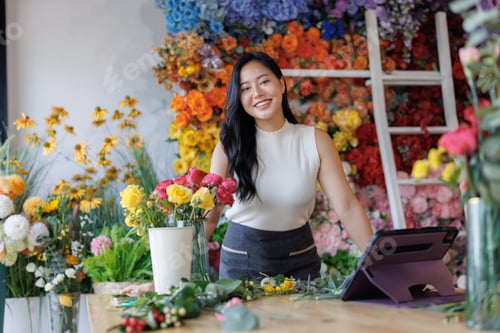 Preview: Florist smiling while arranging fresh flowers in shop