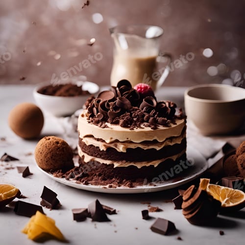 Preview: a cake topped with chocolate, oranges and nuts on top of a plate