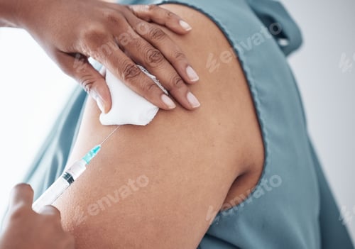 Preview: Hands, healthcare and doctor with patient for vaccine in a clinic for medical treatment for prevent