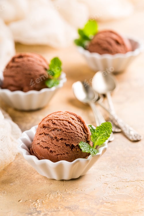 Preview: Chocolate ice cream in white bowl.