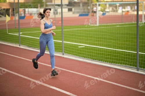 Preview: Running on a track, the woman in blue sports gear exhibits determination and focus. This scene