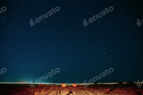 Preview: Agricultural Colorful Background Copy Space. Night Starry Sky Above Rural Landscape Field Meadow