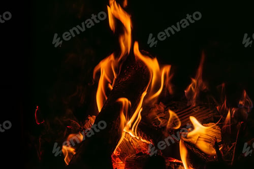 Preview: Vibrant campfire flames in a dark setting.