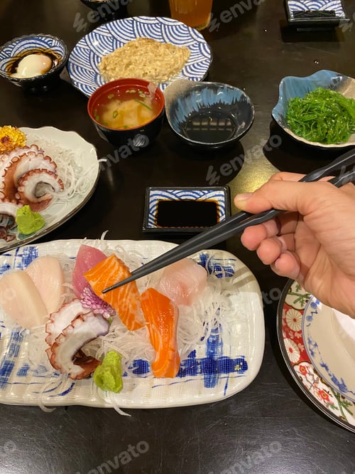 Selection of Japanese food prepared on a table