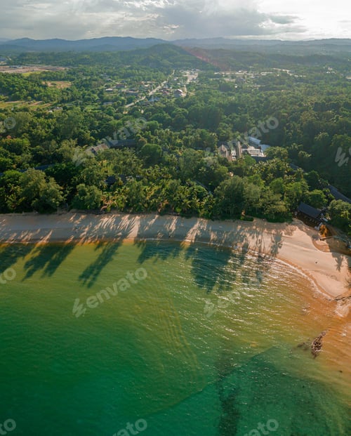 Preview: Aerial drone view of calm coastal scenery in Tanjung Jara, Dungun, Terengganu, Malaysia.