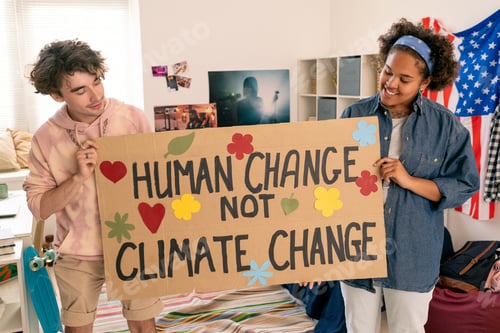 Preview: Creative teens holding climate project paper made up by themselves