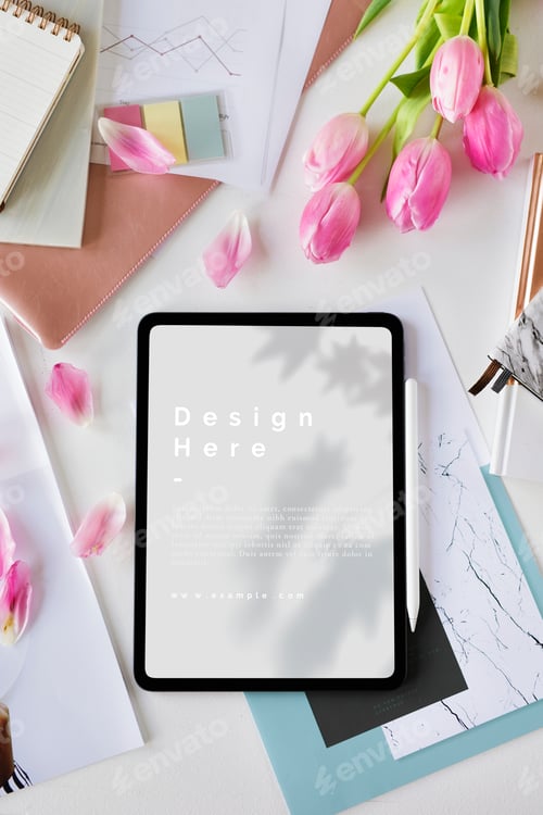 Preview: Digital tablet mockup on a table with flowers