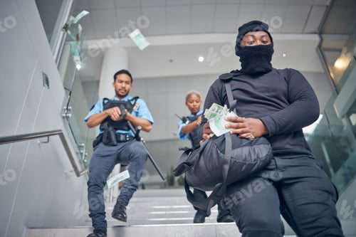 Preview: Robbery, bank and police running after criminal for justice, punishment and safety, serious and dan