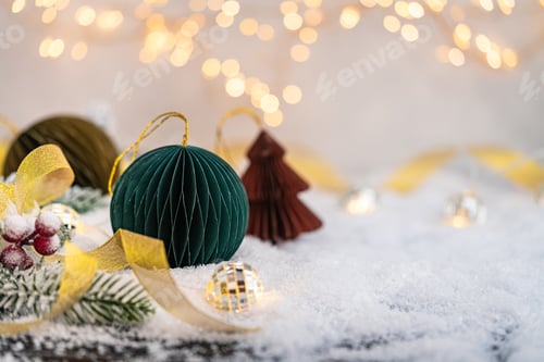 Preview: Paper Christmas Ornaments on Snow with Lights and Ribbon
