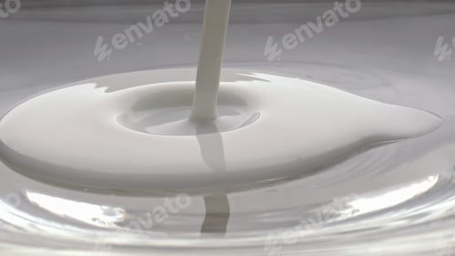 Preview: Clean milk jet pouring glass bowl closeup. Creamy liquid stream flowing slowly