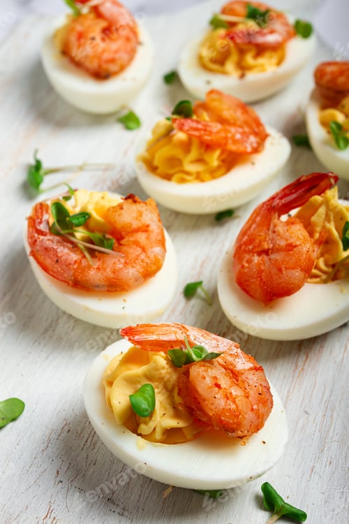 Preview: Boiled eggs stuffed with yolk and seasoned with mayonnaise, stuffed eggs with shrimp,