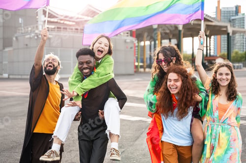 Preview: Group of diverse friends cheering and having fun in a queer gay festival