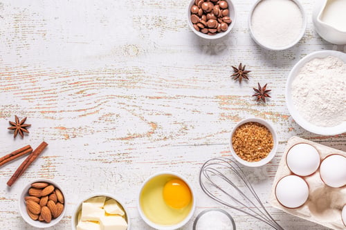 Preview: Ingredients for baking - flour, eggs, salt, sugar, milk.