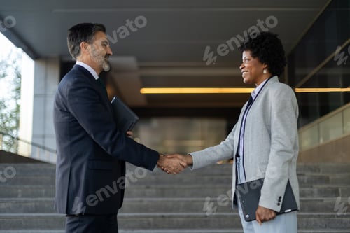 Preview: Business people shaking hands in front of office building