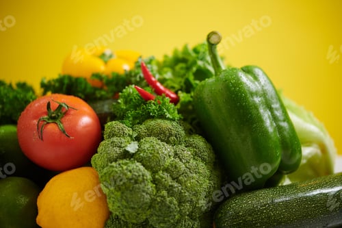 Preview: Fresh Vegetables Display on Yellow Background