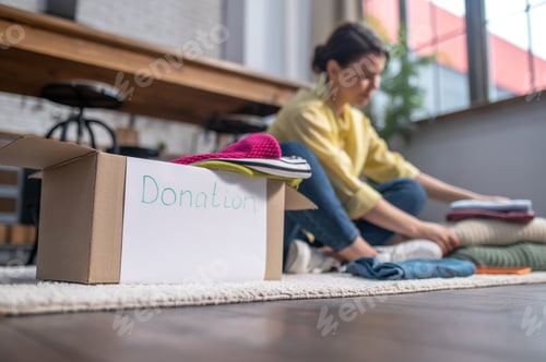 Preview: Woman seated on the carpet choosing clothes for charitable causes