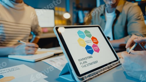 Preview: Asia businesspeople meeting plan analysis statistics brainstorm and header of team.