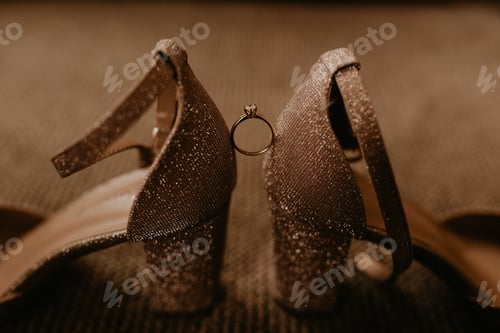 Preview: engagement ring with gemstone and diamond fixed between women shoes hills