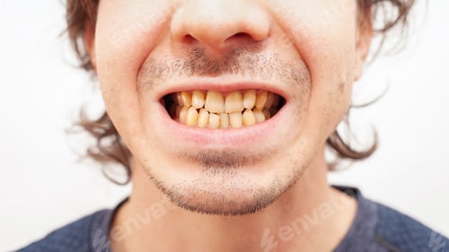 Preview: Close up portrait smile teeth man. yellow ugly teeth from smoking, alcohol, disease. Crooked dirty