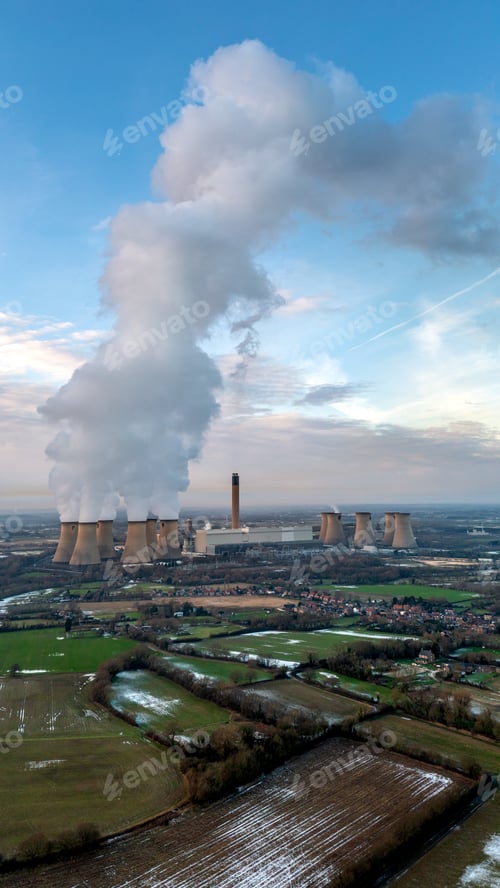 Preview: Aerial vertical landscape panorama of Drax Power Station in North Yorkshire, UK at sunset