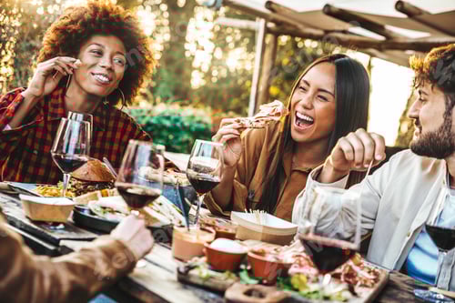 Preview: Multiracial friends having fun at barbecue dinner party in garden restaurant