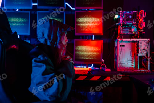 Preview: Woman hacker wear hood sit front computer typing on keyboard hacking servers in neon light, Gamer