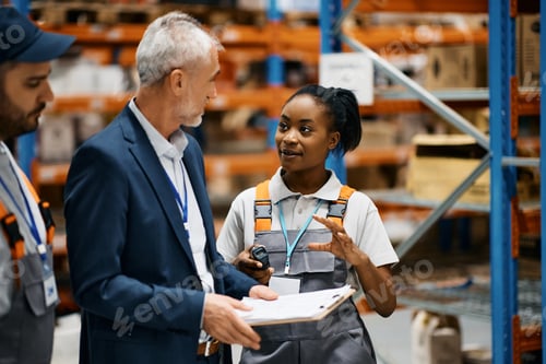 Preview: Black female worker communicating with warehouse inspector at storage room.