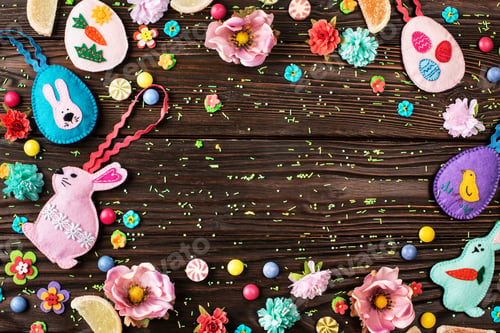 Preview: Sugar sprinkles, candies, sewed felt toys in shape of egg chicken and rabbit