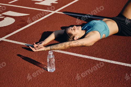 Preview: Glad athlete girl in sportswear happily lying on runner track with bottle after workout on stadium