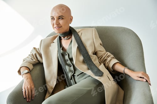 Preview: Empowered bald woman exudes confidence in stylish attire while relaxing on a chic armchair
