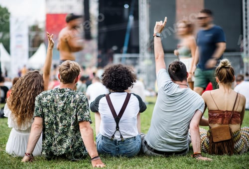 Preview: Rear view of group of young friends at summer festival, sitting on ground.
